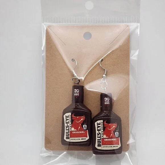 Mini-Brands "Bull's Eye BBQ Sauce" Stainless Steel Fishhook Earrings - Picture 1 of 3